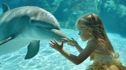 A young girl is petting a dolphin in a pool. The girl is wearing a yellow dress