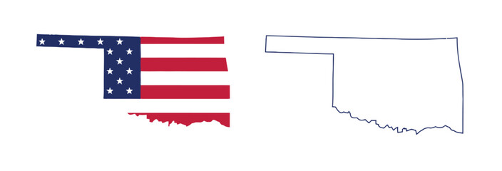 oklahoma, state, usa, united states, america, map, outline, silhouette, shape, american flag, stars and stripes, red, white, blue, patriotic, geography, cartography, territory, border, contour, illust
