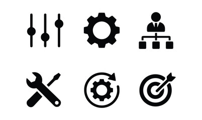 icon, set, settings, tools, gears, wrench, screwdriver, workflow, process, target, arrow, bullseye, management, organization, strategy, development, repair, maintenance, black, white, graphic, design,