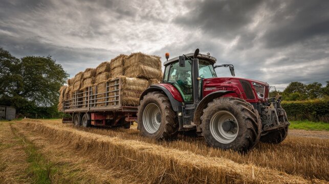 A red tractor is pulling a trailer full of hay. The sky is cloudy and the field is dry