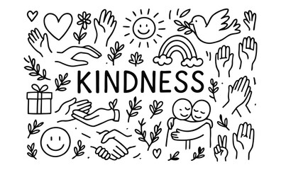 kindness, love, compassion, empathy, support, helping hands, peace, friendship, community, heart, flower, sun, rainbow, dove, gift, hug, handshake, smile, doodle, illustration, hand drawn, outline, bl