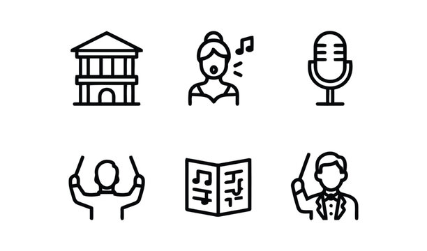 music, performance, building, opera house, singer, microphone, conductor, music sheet, orchestra, icon, set, collection, illustration, simple, graphic, design, drawing, black and white, art, entertain