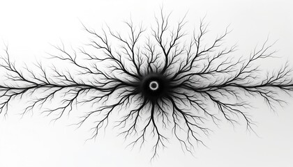 Black, white illustration of neural network. Neurons connect from central point. Branches radiate outwards, like tree. Abstract digital design ideal for neurotech, AI, neuralink, brain biology