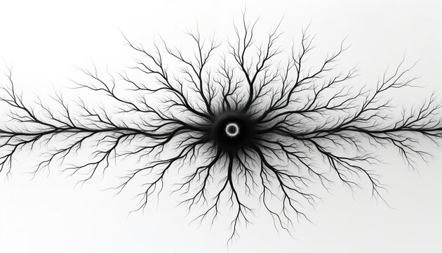Black, white illustration of neural network. Neurons connect from central point. Branches radiate outwards, like tree. Abstract digital design ideal for neurotech, AI, neuralink, brain biology