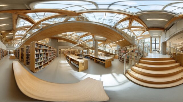 A 360 degree view of a library with a lot of books. The library is very large and has a lot of stairs