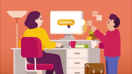 Charity office scene, donation, woman giving money, nonprofit organization, animated 2D flat illustration, philanthropy, kindness, social good activity - Powered by Adobe