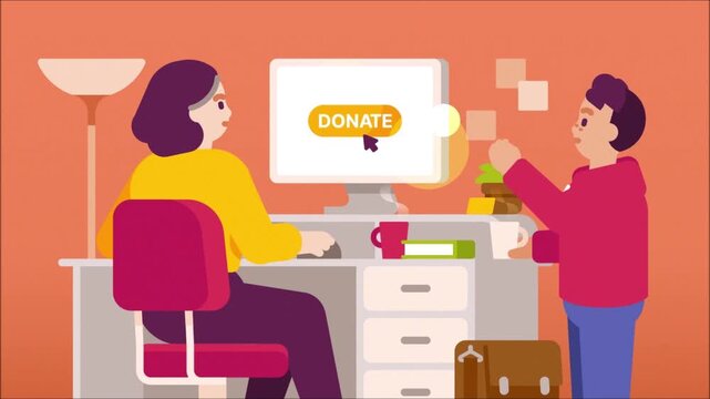 Charity office scene, donation, woman giving money, nonprofit organization, animated 2D flat illustration, philanthropy, kindness, social good activity