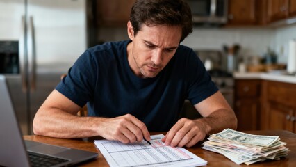 Man Calculating Finances on Paper with Laptop and Cash