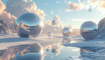 Surreal reflective spheres float above a frozen landscape under a bright winter sky, symbolizing the balance between nature and technology in a futuristic dreamscape