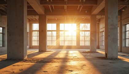 Sunlight streams into unfinished building interior. Concrete pillars support structure, large windows face outside. Construction project in progress, empty space awaits completion.