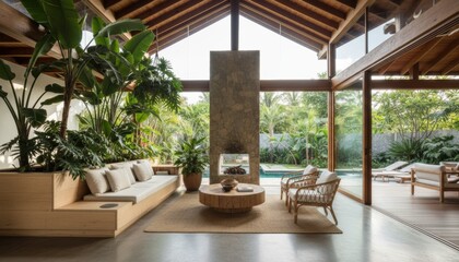 Fototapeta premium A bright tropical living room with indoor plants, natural wood, and open glass walls leading to a lush garden and pool, symbolizing harmony between architecture and nature in modern eco design