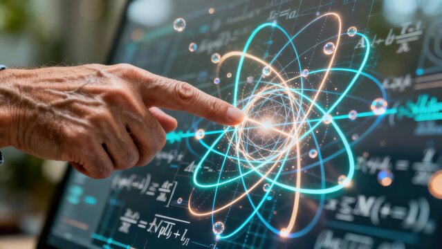 Hand Interacting with Digital Atom Model and Scientific Equations