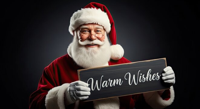 Santa Claus warmly holding a sign with the message Warm Wishes, spreading holiday cheer and goodwill. His jolly demeanor and iconic attire evoke feelings of joy and generosity.