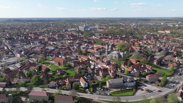 Summer panorama of Viborg, Midtjylland, Denmark. Aerial skyline view of the old town. Viborg ancient cathedral in the middle of Denmark, Traditional danish architecture. Street in Viborg, 