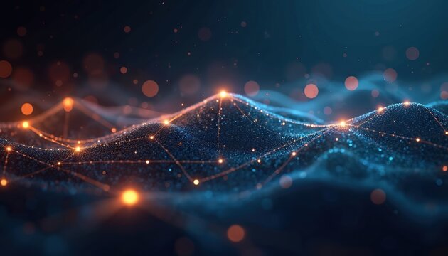 Tech network with connections illustration. Abstract digital tech, engineering design concept background. Science backdrop with blurred orange bokeh. Neural network data stream communication concept.