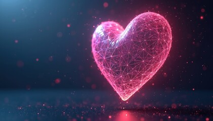 Pink wireframe heart with glowing lines and nodes on dark background. Heart shape made of pink lines and dots. Digital pink heart with connections and network on black.