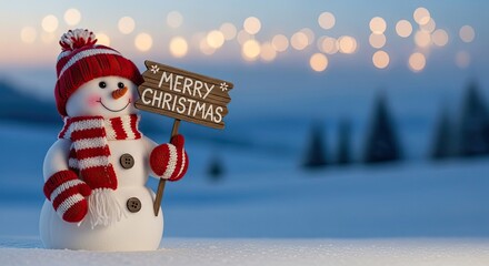 A cheerful snowman, dressed in a festive winter hat and scarf, stands in a snowy landscape, holding a sign that joyfully proclaims Merry Christmas.