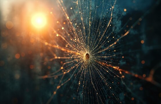 Abstract image features central glowing network with radiant lines spreading out. Bright light source illuminates upper left, creating warm bokeh effects. Dark textured background contrasts with