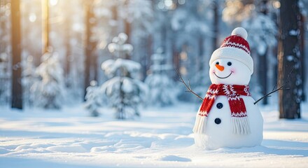 Obraz premium A whimsical snowman stands adorned in a cozy hat and scarf amid a snow-covered forest, exuding the joy and charm of winter.