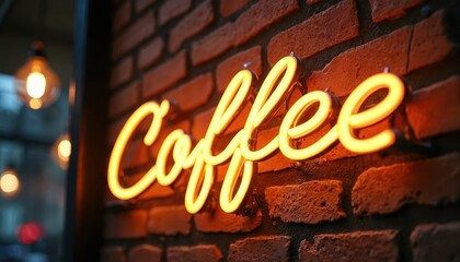 Yellow neon coffee sign illuminates brick wall. Restaurant outdoor branding glows at night. Cafe facade signage invites friends for a hot drink.
