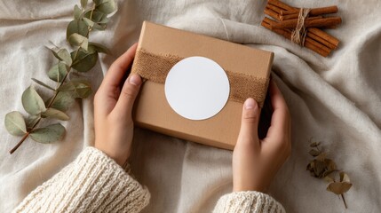 Gift Wrapping in Hands, cozy joy with natural kraft box, burlap ribbon, and blank round label, minimalist flat lay styled for sustainable holiday branding and ecommerce product
