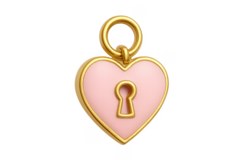 Pink heart locket with golden keyhole on transparent background
