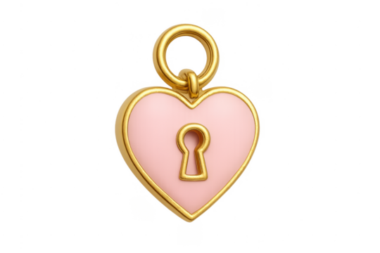 Pink heart locket with golden keyhole on transparent background