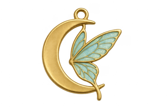 Golden crescent moon and butterfly enamel pendant