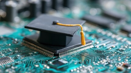 A black and gold graduation cap is on top of a computer chip. The cap is yellow and has a gold tassel. Concept of accomplishment and achievement, as the graduation cap is a symbol of academic success