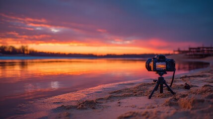 A camera is set up on a tripod on a beach at sunset. The camera is pointed towards the water, capturing the beautiful colors of the sky and the reflection of the sun on the water