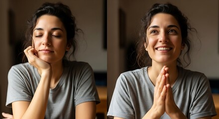 Composite image showing a woman's shift from calm contemplation with closed eyes to hopeful prayer and joyful anticipation