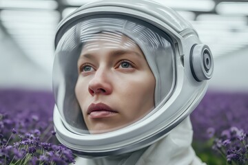 woman wearing silver astronaut helmet spacesuit standing purple lavender flower field surreal artistic juxtaposition space exploration nature beauty futuristic