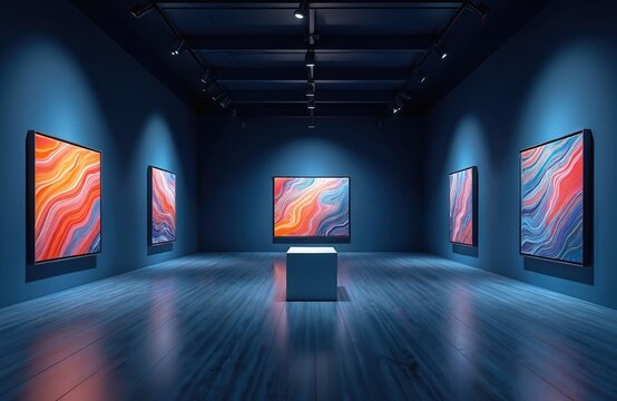 Modern art gallery interior with abstract paintings. Dark blue walls accent vibrant artworks with unique color patterns. Contemporary design, creative lighting creates modern space.