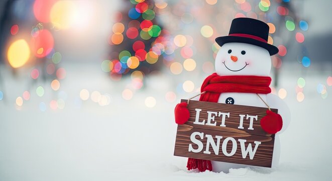 A festive snowman, adorned with a top hat and a cheerful smile, joyfully welcomes winter with a hand-painted sign. It is a symbol of holiday cheer in a magical, snowy landscape.