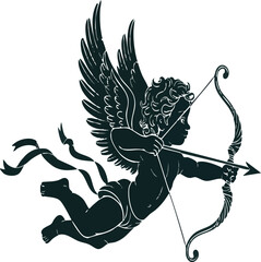Silhouette of Cupid with Bow and Arrow, Flying with Ribbons