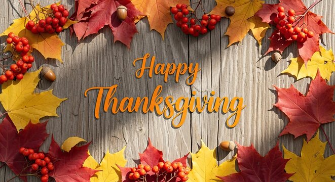 A vibrant autumnal greeting, with a wooden backdrop, vibrant leaves and berries creating a warm and inviting visual message.