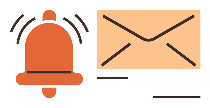 Bell icon with sound waves and an envelope signifying notifications, messages, or communication. Ideal for digital interface, email, updates, alert management, reminders, messaging efficient