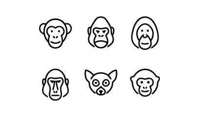monkey, ape, gorilla, orangutan, chimpanzee, icon, outline, simple, vector, drawing, animal, nature, wildlife, mammal, graphic, design, element, illustration, set, collection, minimal, clean, white ba