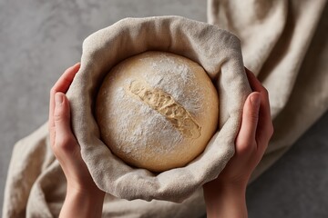 Hands holding bread dough linen cloth proofing artisan baking closeup

