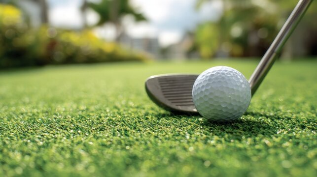 A golf ball is resting on a golf club. The ball is white and the club is silver. Concept of leisure and relaxation, as golf is often played in a peaceful outdoor setting