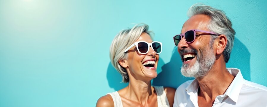 Mature couple wear sunglasses smile laugh. They have fun together in sun. Happy people enjoy summer vacations. Senior man woman enjoy life. Joyful people on blue backdrop.