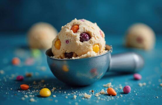 Close up photo of cookie dough in scoop. Uncooked dough mixed with colorful candy. Sweet food art. Culinary concept. Food photography with blue background.