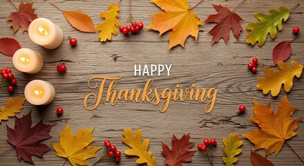 A festive Thanksgiving arrangement of autumn leaves, lit candles and decorative berry sprigs arranged on a rustic wooden table. Expressing the joy and bounty of the season.