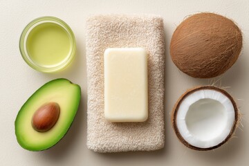 Natural beauty spa products coconut avocado oil soap towel wellness care

