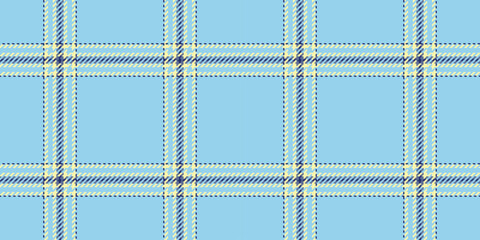 Upscale textile seamless texture, layout check tartan pattern. Cozy plaid vector fabric background in cyan and yellow colors.