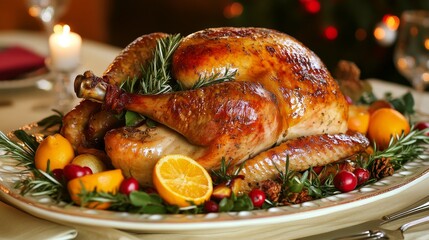 Fototapeta premium Savor a beautifully roasted turkey accompanied by seasonal fruits and fresh herbs, ideal for a festive celebration