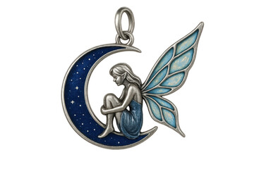 Naklejka premium Fairy sitting on moon pendant with blue wings