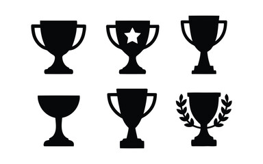 trophy, cup, award, winner, champion, victory, success, prize, medal, achievement, silhouette, black, white, collection, set, goblet, laurel wreath, star, competition, celebration, recognition, sports