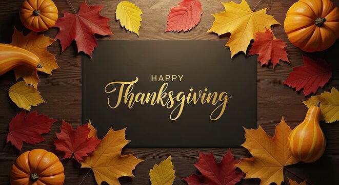 A festive Thanksgiving arrangement.  A beautifully arranged Thanksgiving display, featuring colorful autumn leaves and pumpkins, surrounds a card with the holiday greeting.