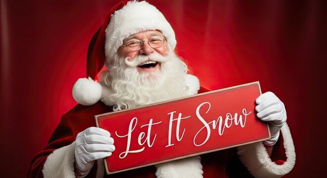 A jolly Santa Claus, wearing a red coat and white beard, joyfully displays a Let It Snow sign, perfect for festive winter scenes. - Powered by Adobe